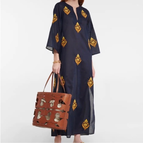 Tory Burch Navy embroidered Kaftan viole cotton size medium - Picture 1 of 15